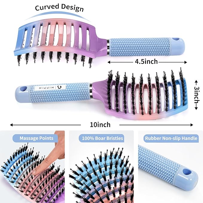 Boar Bristle Hair Brush Set of 2, HIPPIH Wet & Dry Hair Brushes Made by Fine Natural Boar Hair Can Adds Shine and Smoothing, Detangling Hairbrush for Women, Men & Kids' Long Curly Thick Hair