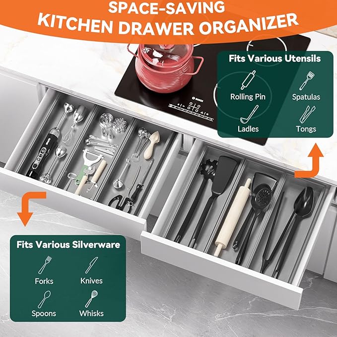 Lixple Bamboo Drawer Organizer, Extra Large Silverware Organizer for Kitchen Drawer, Stackable Utensil Organizer, 2 Pcs Toilet Tank Topper Tray, Wooden Toilet Paper Basket (Silver, 17 X 6 X 2 Inch)