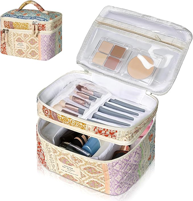 Makeup Bag, Portable Travel Make up Bag, Large Capacity Quilted Cosmetic Organizer Bag, Cute Floral Toiletry Bag for Women Girls (Color Flowers)