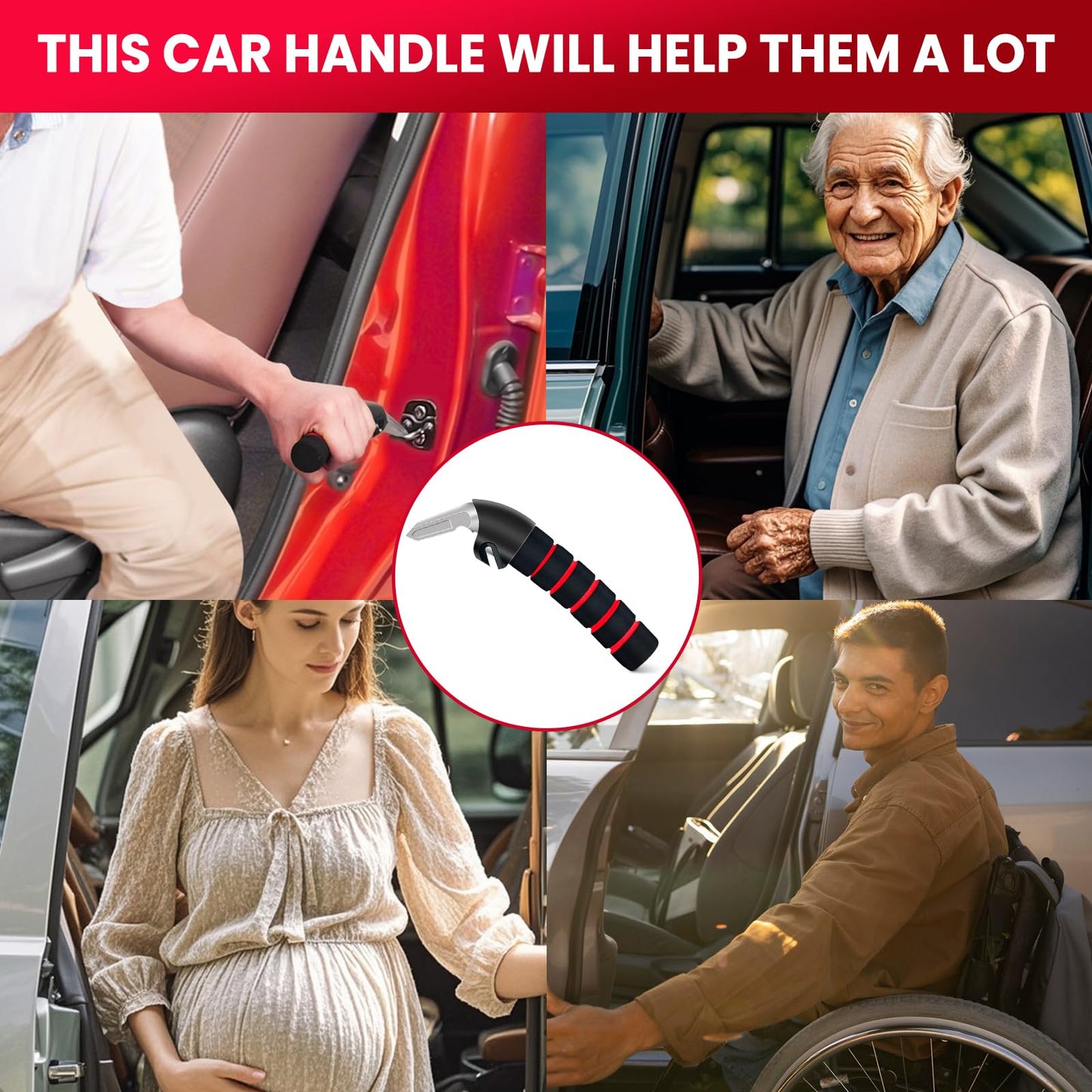 KOUNATSURI Car Handle Assist for Elderly Car Door Handle Multifunction Handle Car Door Latch Handle for Seniors and Handicapped(Red, Handle with Two Straps)