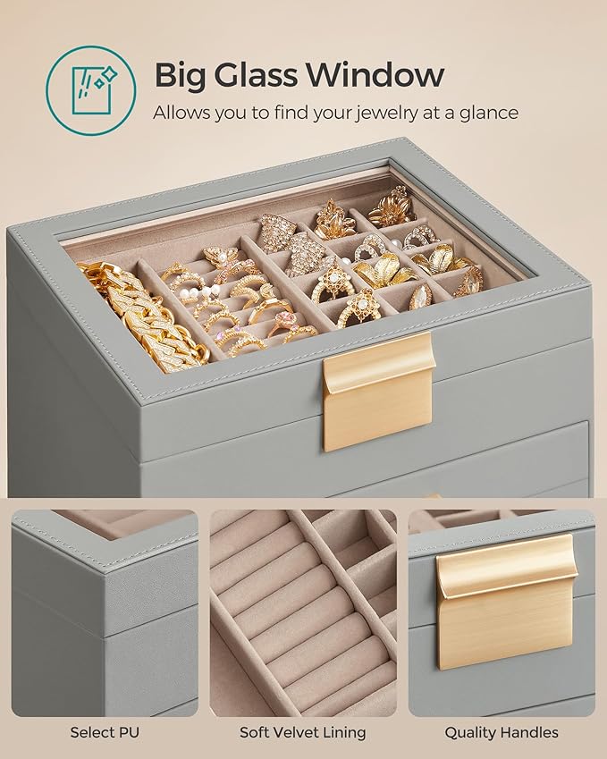 SONGMICS GISELLA Collection - Jewelry Box Organizer, 4-Layer Jewelry Storage with 3 Drawers, Shiny Metal Hardware, Glass Lid, Modern, 8 x 9.1 x 6.5 Inches, Dove Gray and Gold Color UJBC173G01