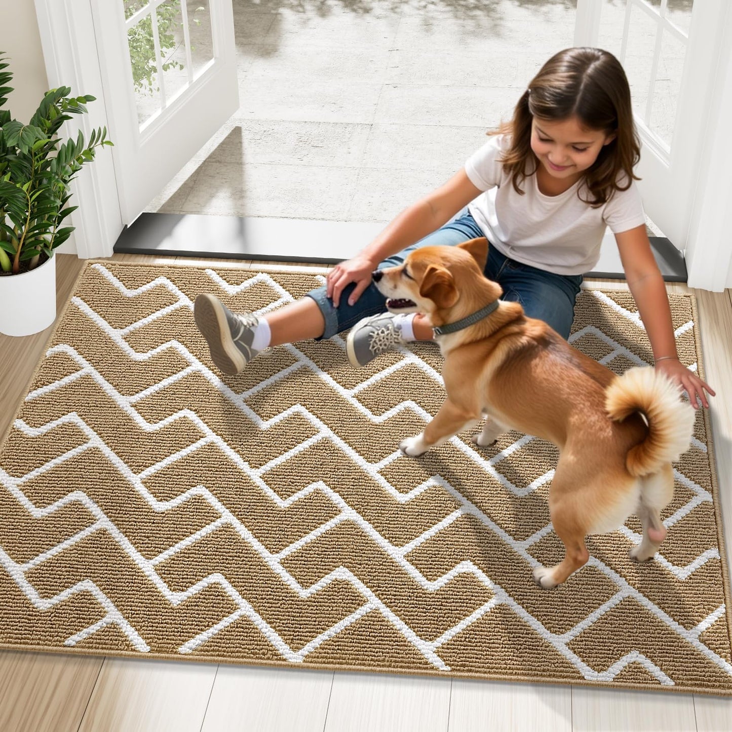 OLANLY Front Door Mat, Non-Slip Rubber Backing, Dirt Resistant and Absorbent, Washable, Easy to Clean Low-Profile Indoor Doormat for Back Door, Entryway, Inside Entrance, 48x32, Beige