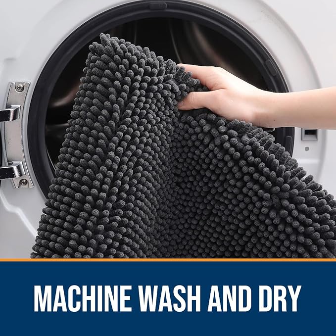OLANLY Dog Door Mat for Muddy Paws 47x20, Absorbs Moisture and Dirt, Absorbent Non-Slip Washable Doormat, Quick Dry Chenille Mud Mat for Dogs, Entry Indoor Entryway Carpet for Inside Floor, Dark Grey
