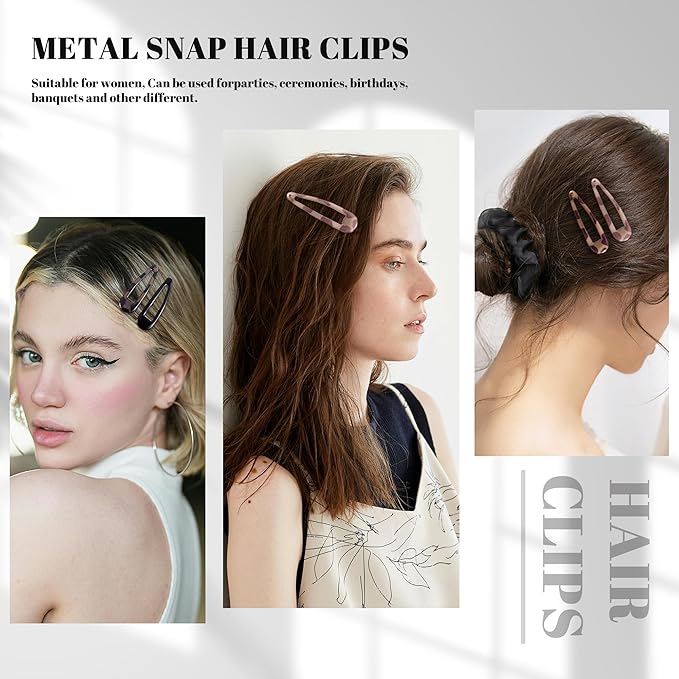 20 PCS Metal Snap Hair Clips Water Drop No Slip Barrettes for Women Bright Small Hair Clips For Thick And Thin Fine Hair,Black Tortoiseshell,1.97 x 0.5 In.
