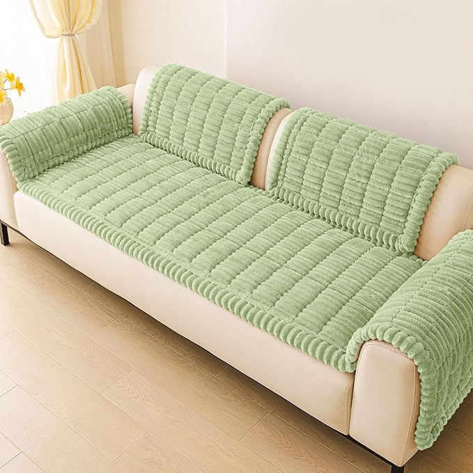 hyha Couch Covers for Dogs Washable, Non Slip Plush Dog Sofa Protectors, Fuzzy Pet Couch Covers for 3 Cushion Sofa Pet Friendly (Green, 27.6" x 47")