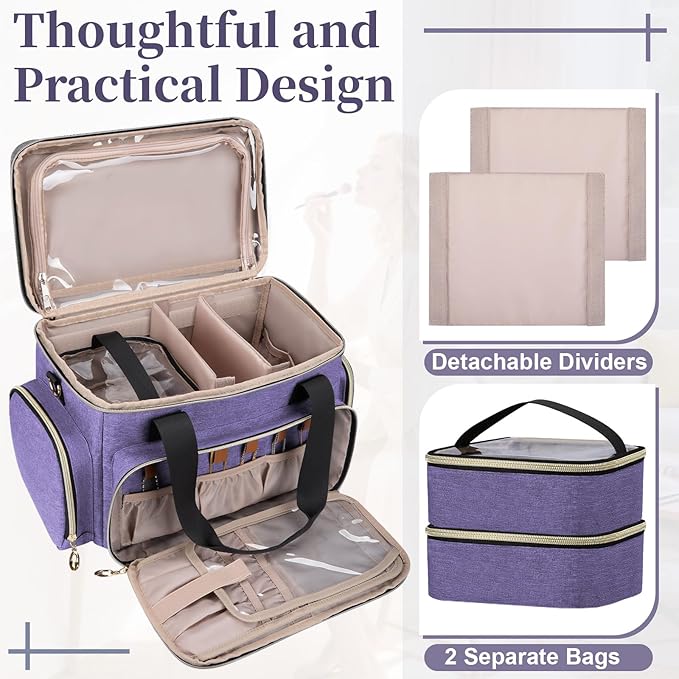 GDNasist Large Makeup Bag, Portable Travel Makeup Bag Organizer for Women Girls with 2 Removable Pouches & Detachable Dividers, Cosmetic Travel Bag, Toiletry Bag for Makeup and Hair Supplies, Purple