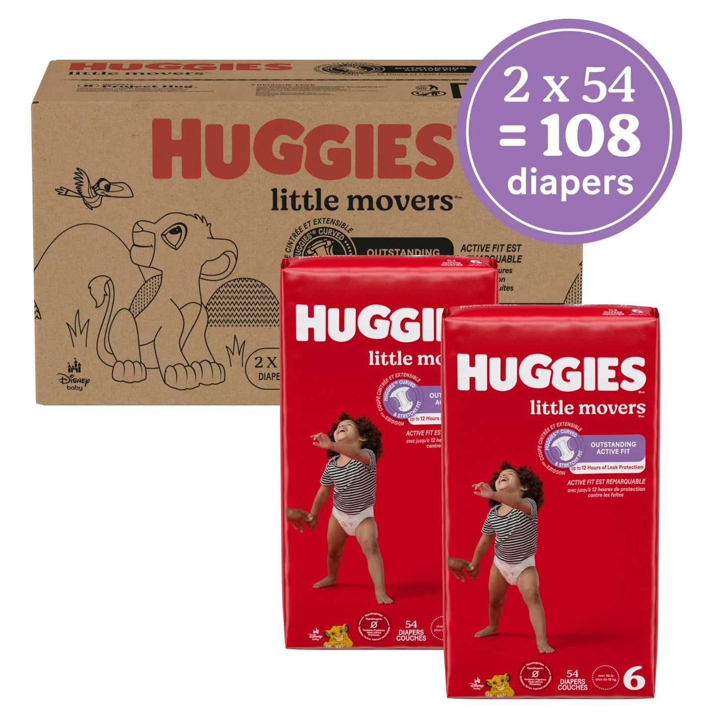 Huggies Size 6 Diapers, Little Movers Baby Diapers, Size 6 (35+ lbs), 108 Count (2 Packs of 54), Packaging May Vary