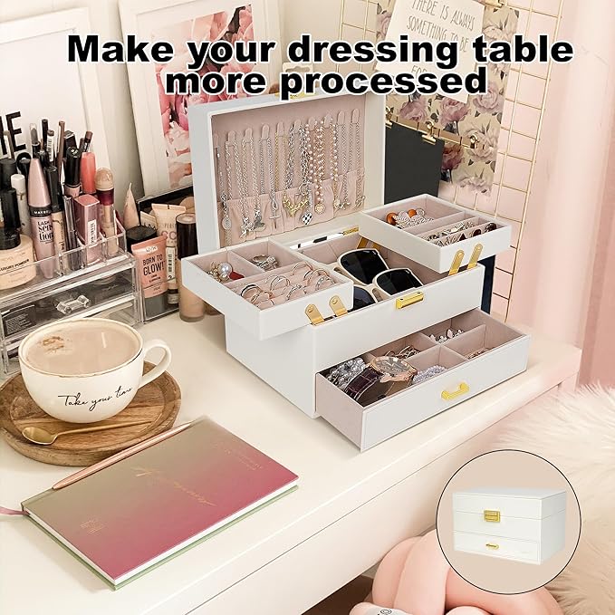 Dajasan Jewelry Organizer Box, Large Jewelry Boxes for Women Girls, Compact 3 Layers Jewelry Storage Case with Drawer, Movable Metal Stand, Modern, Gift Idea (Cloud White + Gold)