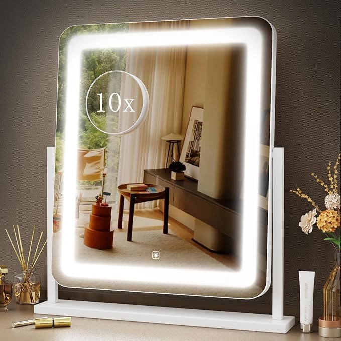 Vanity Mirror with Lights, 17.3’’ LED Makeup Mirror Detachable 10X Magnification, Smart Touch Control, 3 Color Lighting Modes,360°Rotation Tabletop Make Up Mirror for Bedroom Bathroom