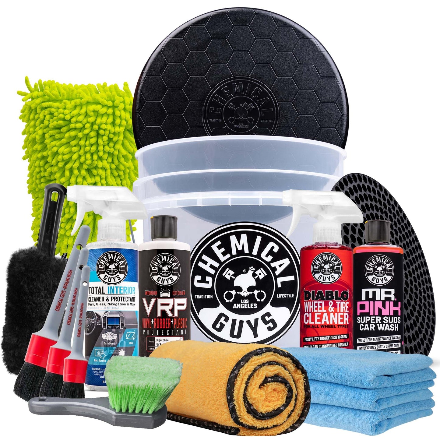 Chemical Guys Car Detailing Kit, Car Cleaning Kit with Total Interior Cleaner & Protectant, Sprayable Wheel Cleaner, Car Wash Soap, Bucket, Brushes, and Detailing Accessories - 17 Piece Wash Kit