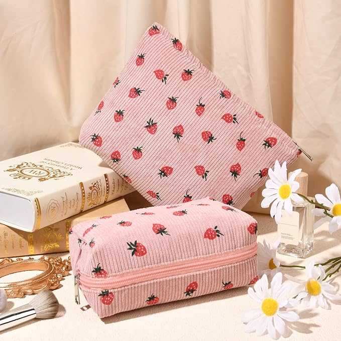 SOIDRAM 2 Pcs Makeup Bag Large Cosmetic Bag Toiletry Bag Makeup Pouch Travel Bag Organizer Cute Makeup Brushes Aesthetic Accessories Storage Bag for Women Pink Strawberry