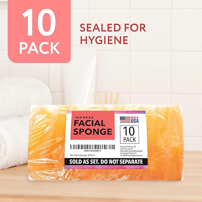 IMPRESA Face Scrubber Exfoliator Sponges - Regular Puff - Natural Medical-Grade Foam - 10 Pack Reusable Exfoliating Pads - Deep Cleanse & Dead Skin Removal - Normal to Oily Skin