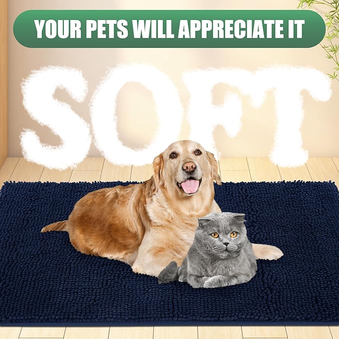 IM HOME Chenille Absorbent Outdoor Doormat 48" x 30", Washable Muddy Door Mats for Dog Non Slip Indoor Doormat Dog Mat for Muddy Paw Front Inside Doormats for Entryway Navy Blue
