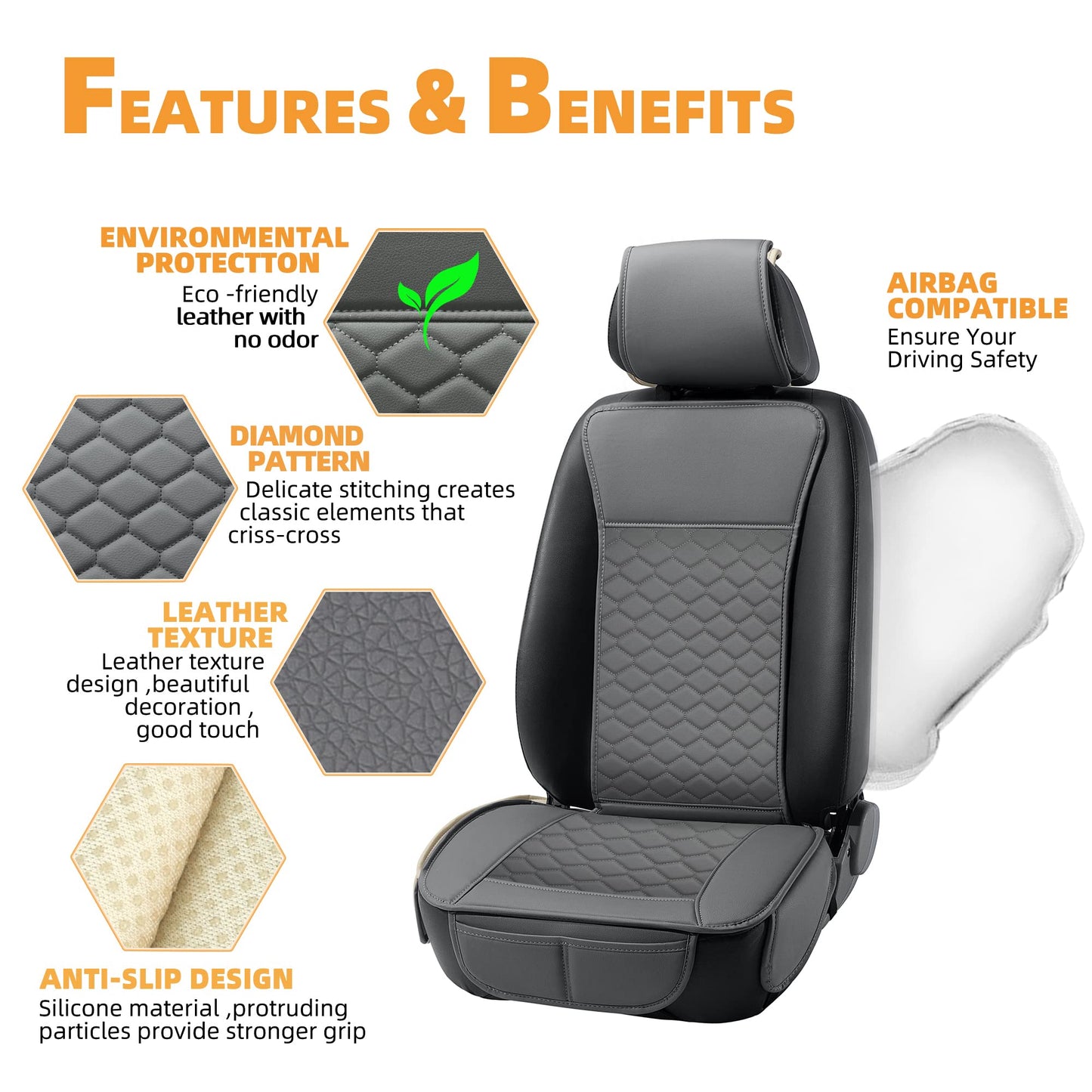 Elantrip Car Seat Cover Full Set Leather Car Seat Protector Universal fit for Most Cars SUVs and Trucks Water Proof Front and Rear Seat Protector Gray