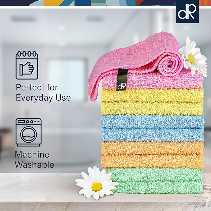 DecorRack 20 Pack 100% Cotton Wash Cloth, Luxurious Soft, 12 x 12 inch Ultra Absorbent, Machine Washable Washcloths, Assorted Colors (20 Pack)