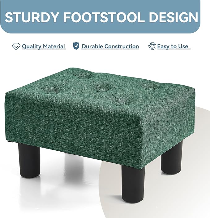 Poofzy Small Foot Stool Ottoman, Linen Ottoman Foot Rest with Legs, Rectangle Foot Rest for Couch, Footstools and Ottomans Small for Living Room and Entryway (Green)