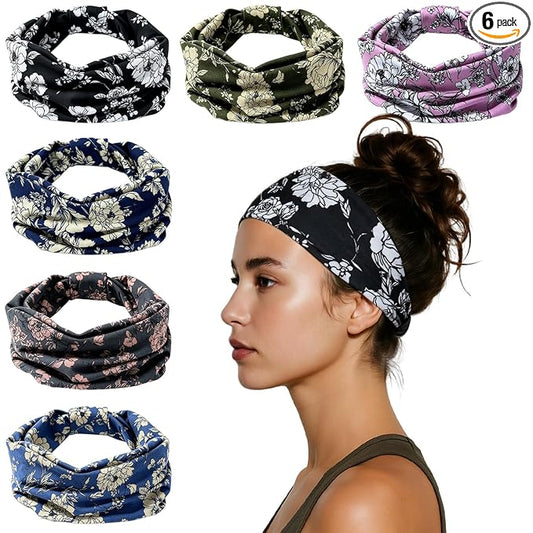 HSEM Wide Headbands for Women 6-Pack – Non-Slip Boho Hair Bands, Thick Elastic Flower Head Bands – Large Knotted Soft Stretchy Sweat Bands for Sports, Yoga, Washing Face, Makeup, Running, Spa