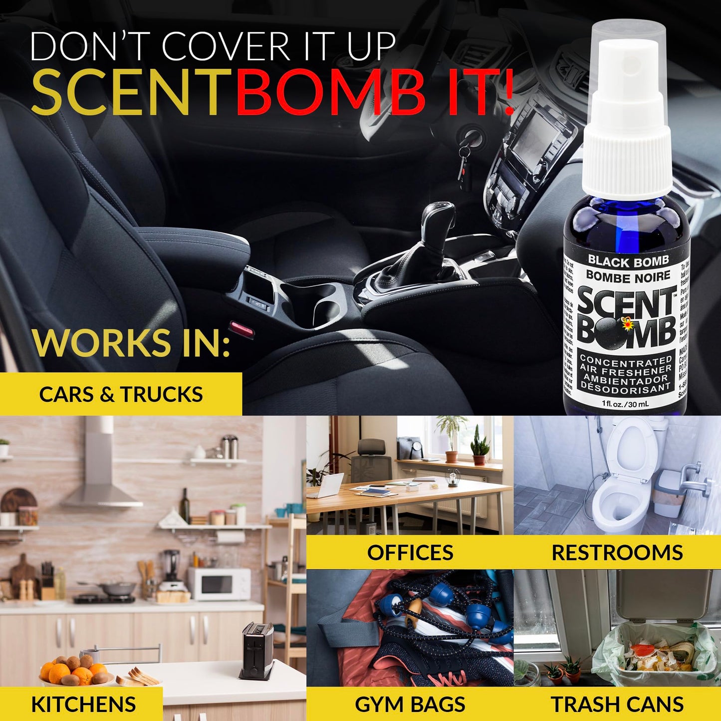 Scent Bomb Air Freshener Spray, Long-Lasting Odor Eliminator - Effective Deodorizer for Home & Car, Fresh Room Spray for Kitchen, Bathroom & Smell Neutralizer - 1 oz Pack of 4, Black Bomb Scent