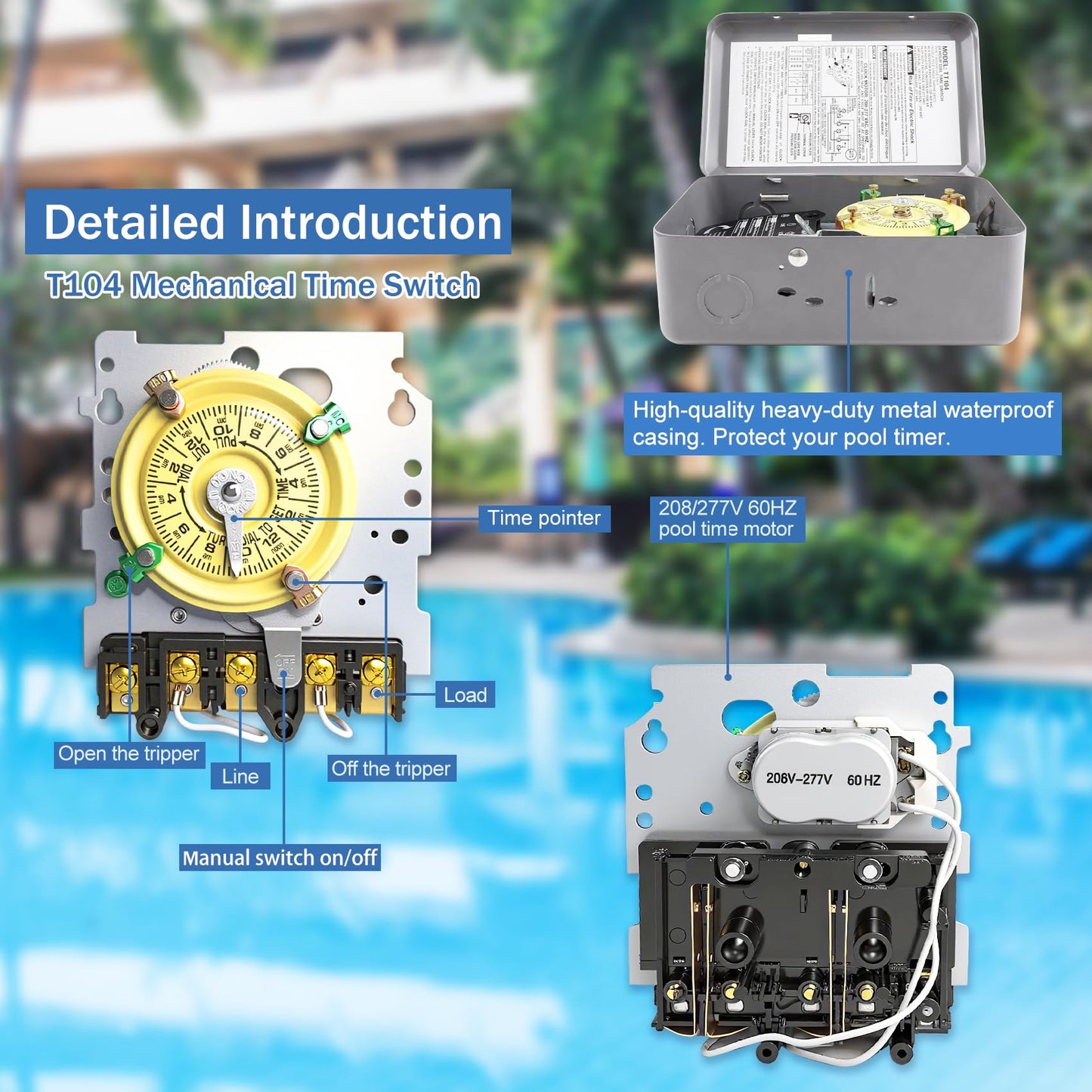 T104 Mechanical Timer Switch, 208–277 VAC 40 Amp,Pool Pump Switch, 24 Hour 12 ON/Off for Pump, Heavy Duty Pool Timers Outdoor, Timer for Lights HVAC Systems, 5 Years Warranty