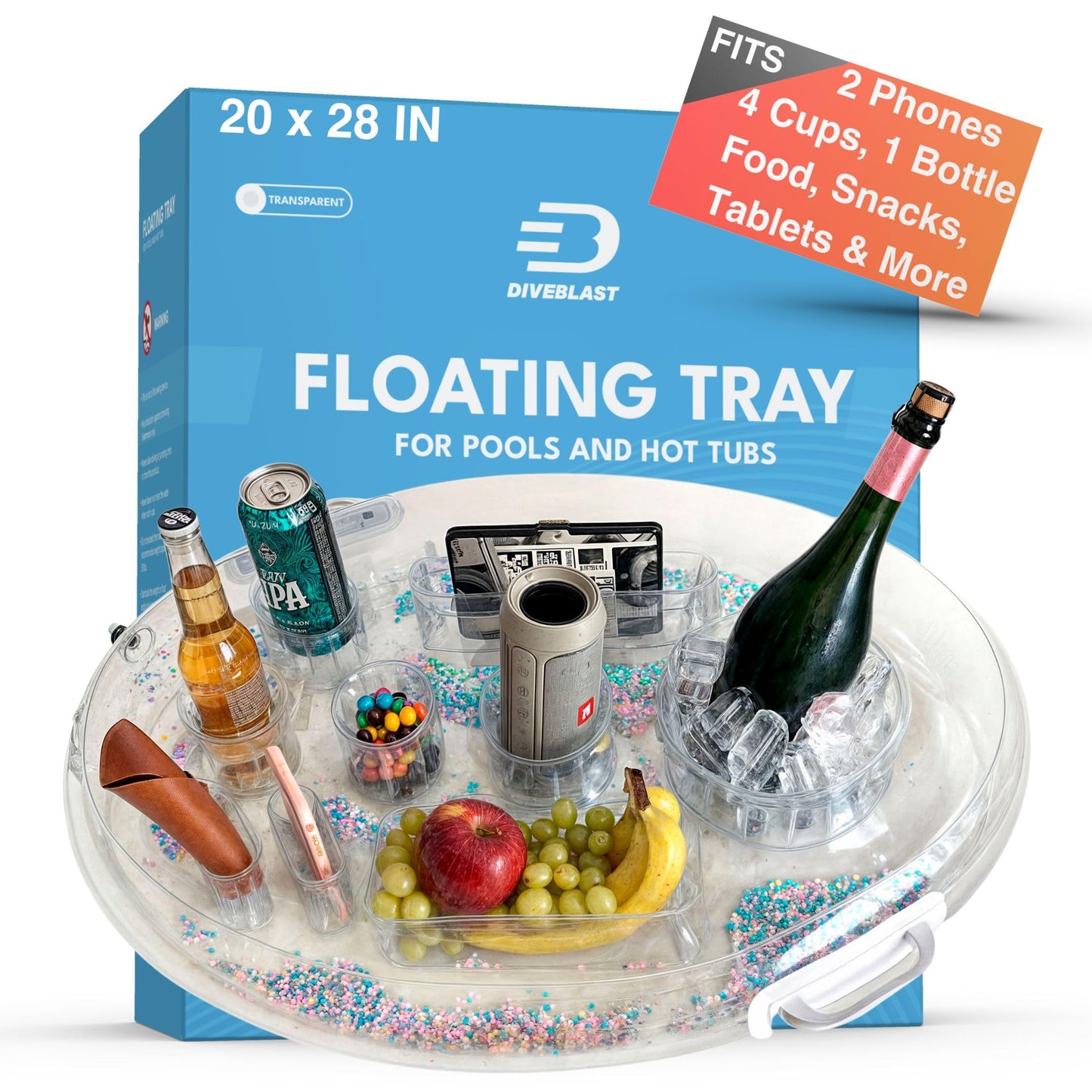 DIVEBLAST: Transparent Floating Drink Holder for Pool, Hot Tub Accessories for Adults - Holds Up to 50 LBS - Glitter Fun Swimming Pool Accessories for Adults, Cool and Unique Drink Floaties