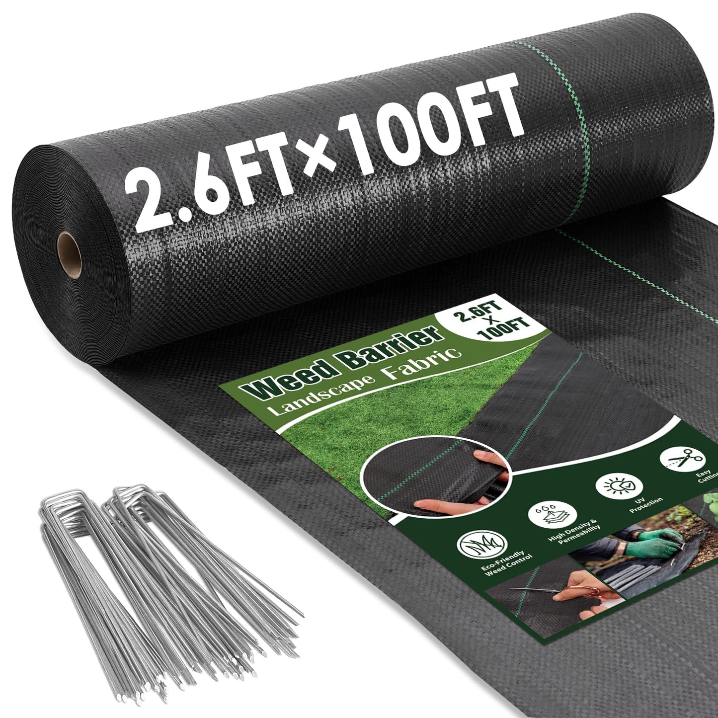 HongWay 2.6FT x 100FT Weed Barrier Landscape Fabric, Weed Block Fabric Heavy Duty with 40 U-Shaped Staples, Garden Cloth Weed Control Mats Ground Cover for Garden Beds, Farming, Underlayment