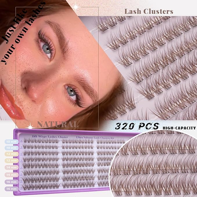 Brown Lash Clusters, Natural Wispy Lash Cluster Eyelash Extensions 320 Pcs C Curl 10-16mm Individual Fluffy False Eyelashes Thin Band DIY for Beginners at Home