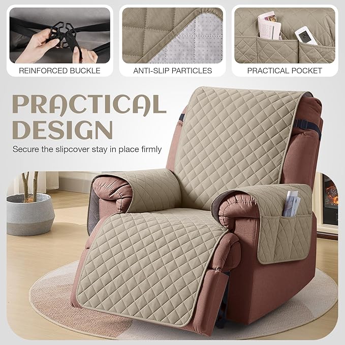 KinCam 100% Waterproof Recliner Chair Cover, Reclining Couch Covers for Pets, Dogs, Recliner Couch Slipcover Furniture Protector with Elastic Straps for Kids(28", Khaki)