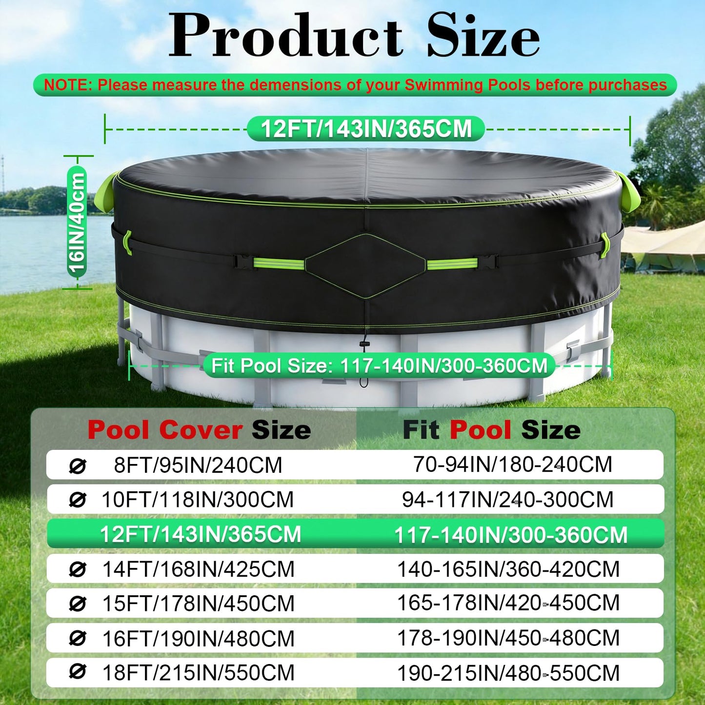 12Ft Round Pool Cover for Above Ground Pools, Safety Solar Pool Covers with Reflective Strips, Rope and Luminous Nails, Upgraded Thicker Oxford, PU Tarp Snug, UV Protected, Windproof, Tear Resistant