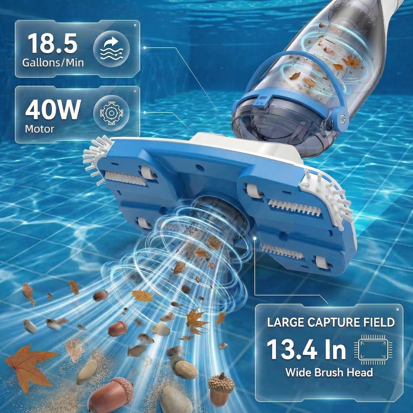 Consciot Pool Vacuum for Above Ground Pool & Inground Pool, Rechargeable Handheld Cleaner with Telescopic Pole,18.5 GPM Suction, 13.4" Head, 60-Min Runtime, for Spa & Hot Tub