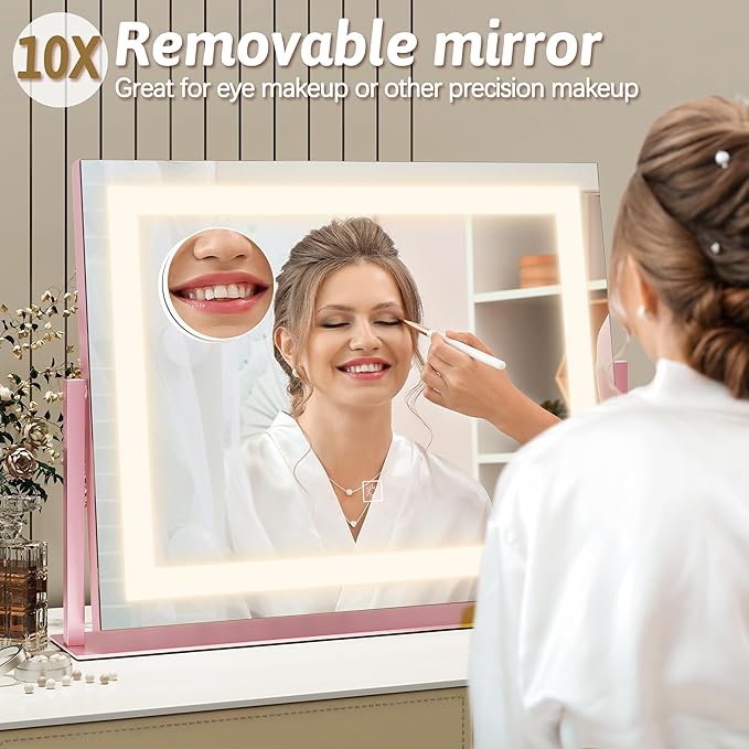 ROLOVE Pink Vanity Mirror with Lights 22"x18", Lighted Makeup Mirror with 10X Magnification, Smart Touch 3 Colors Dimmable, 360° Rotation, Gift for Teens