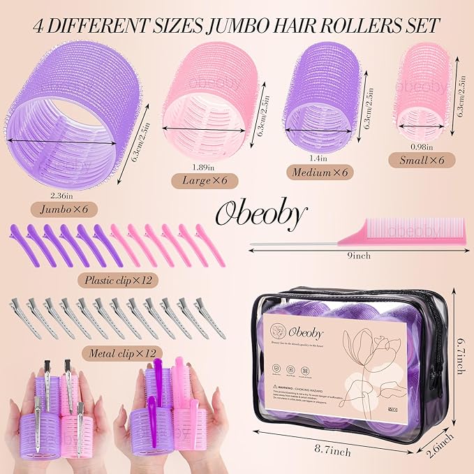 Obeoby 4 Sizes Hair Rollers for Women, 50 Pcs Set Hair Curlers with Clips Comb Curlers for Long Short Curly Hair and Bangs (25, 36, 48, 60mm), Pink Purple