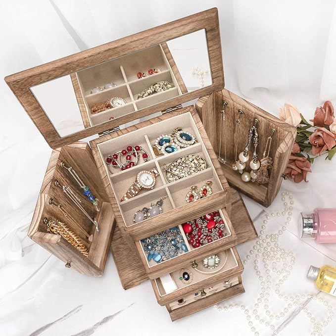 Emfogo Jewelry Box for Women, Rustic Wooden Jewelry Boxes & Organizers with Mirror, 4 Layer Jewelry Organizer Box Display for Rings Earrings Necklaces Bracelets (Rustic Brown)