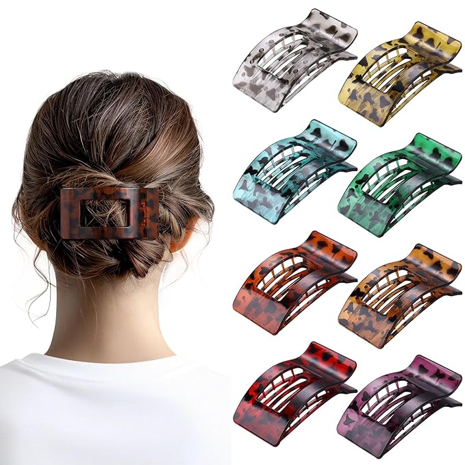 8 Pack French Flat Hair Clips for Women – Large Matte No-Slip Claw Barrettes for Thick & Thin Hair, Strong Hold Styling Accessories (Leopard)