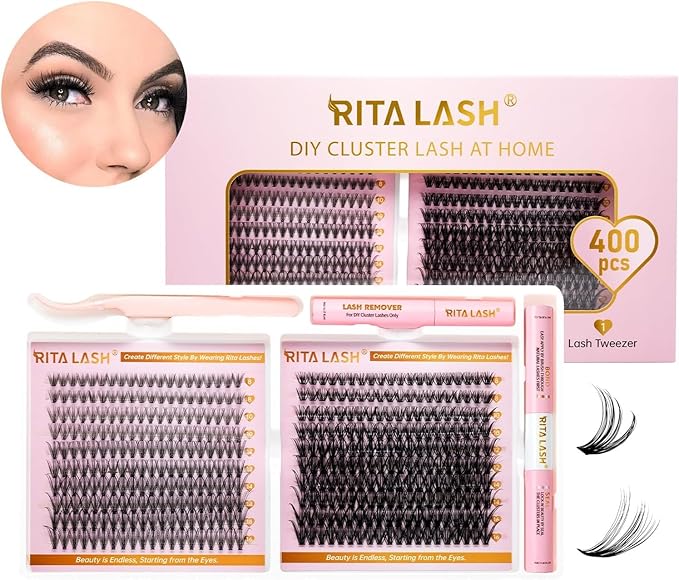 RITALASH Lash Extension Kit DIY Lash Clusters Kit 400pcs Cluster Lashes Individual Lashes Eyelash Extension Kit with Lash Bond and Seal,Lash Remover,Lash Tweezers(20D+40D Cluster Kit,8-16mm)