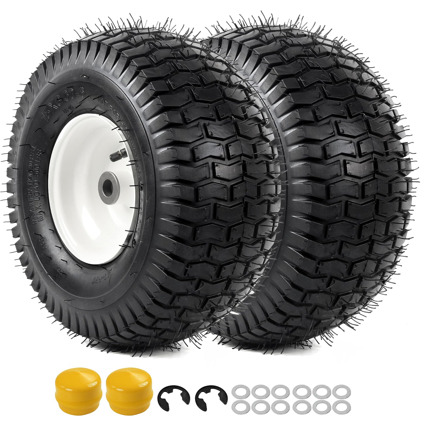 AR-PRO Replacement 15x6.00-6 Front Tire and Wheel Assembly for Riding Mower Lawn Tractor, 3" Centered Hub and 3/4" Bushings, 4-Ply Pneumatic (Set of 2)