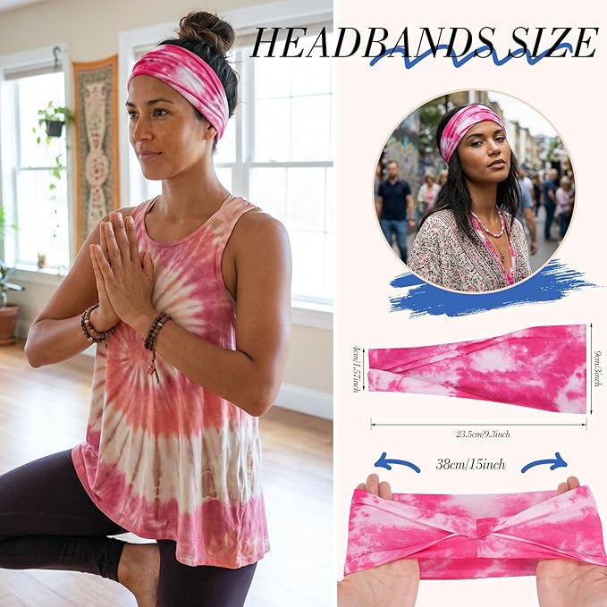 obeoby Tie Dye Headbands, 8Pcs Boho Hairbands Hippie Gifts for Women Fashion Workout Headbands for Yoga Work Athletes Running Enthusiasts