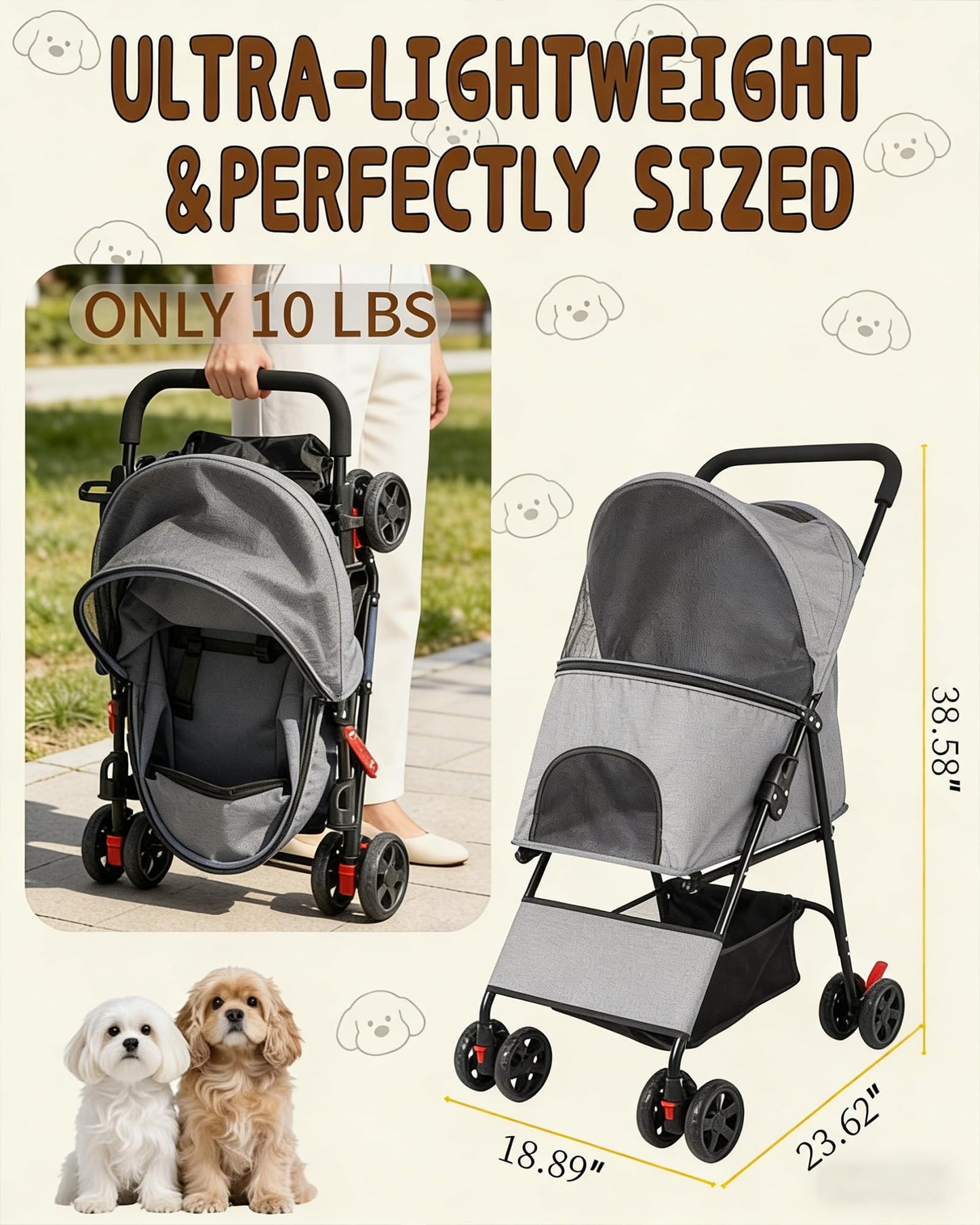 Pet Stroller for Small Medium Dogs Cats - Lightweight 10lbs Foldable Dog Stroller, Breathable Mesh & Safety Tether, 33lbs Capacity with Locking Wheels, Storage Basket for Outdoor Walks-Gray