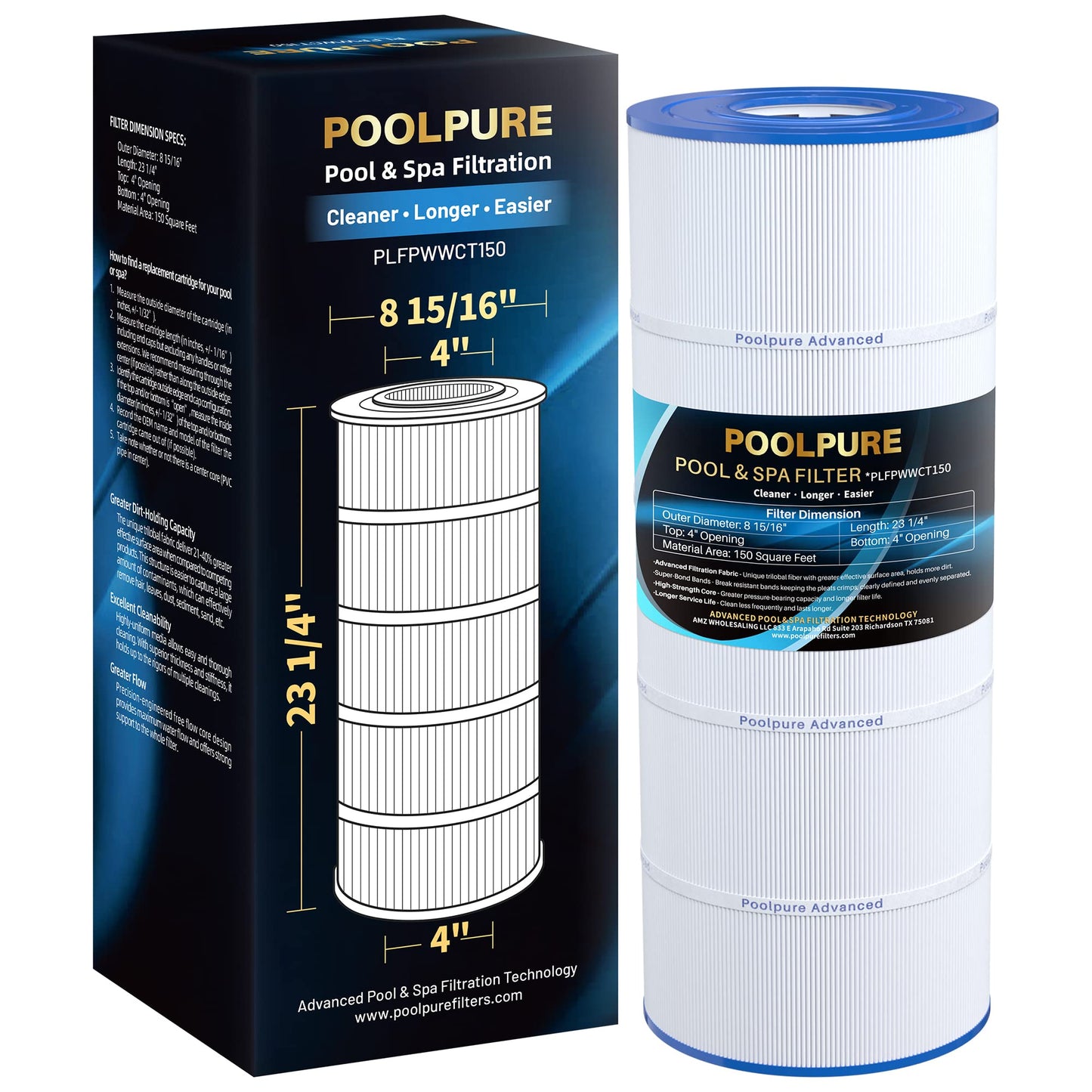 POOLPURE PLFPWWCT150 Pool Filter Replaces PWWCT150, Ultral-B3, Clearwater II ProClean 150, 817-0150N, Unicel 8414, Filbur FC-1287, SD-00210, 150 Sq.ft Filter Cartridge (1 Pack)