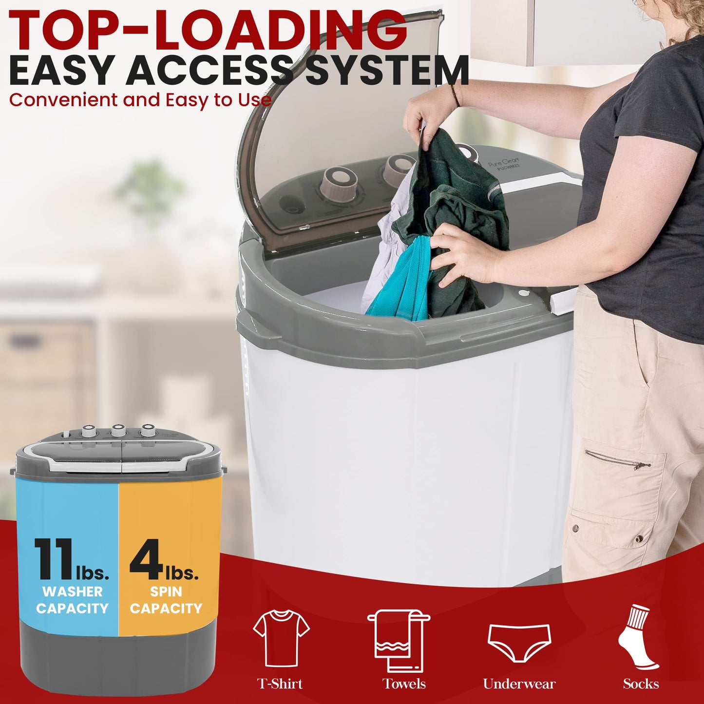 Pyle Portable Washing Machine - Twin Tub 11Lbs Capacity, Compact Mini Laundry Washer (7.7 Lbs) & Spinner (3.3 Lbs) with Timer Control - Perfect for Home, Apartment, Camping, RVs and Dorms (Grey)
