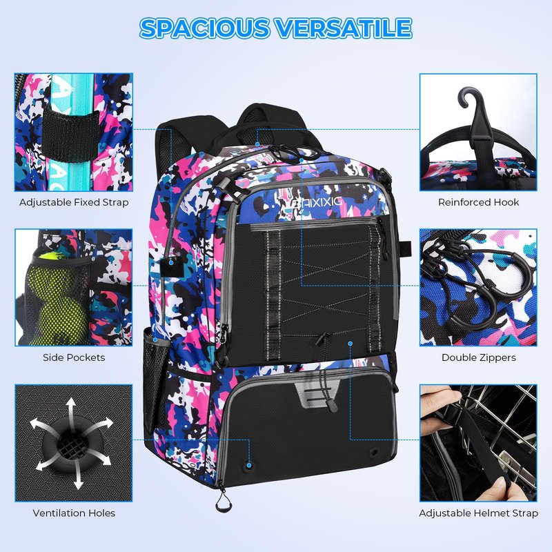 BAIXIXIG Lacrosse Bag for Kids and Youth, Lacrosse Backpack with Helmet Holder and Shoes Compartment, Waterproof Field Hockey Gears Bag for Boys & Girls, Pink