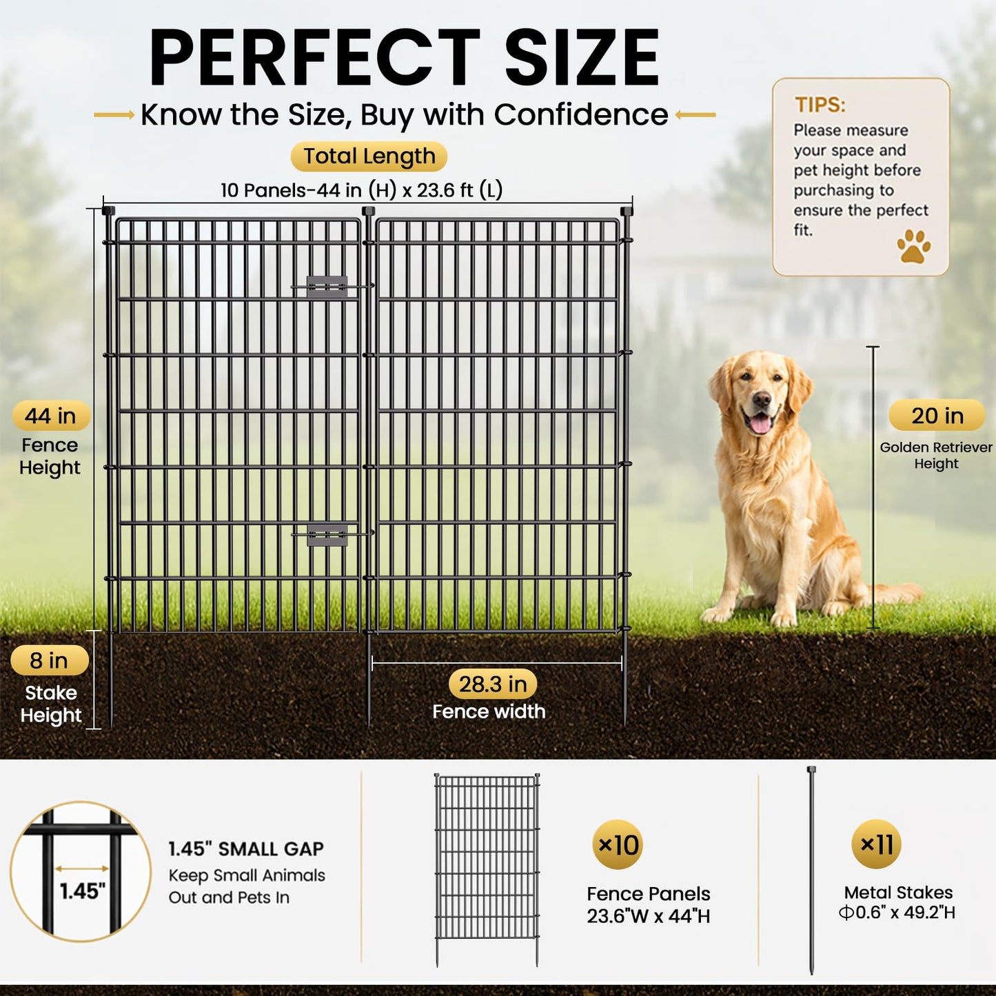 10 Panels No Dig Garden Fence with Gate, 44in(H) × 23.6ft(L) Decorative Metal Outdoor Dog Fence, Rustproof Pet Fencing for Yard, Patio, Flower Bed -Temporary Fencing| Easy to Install