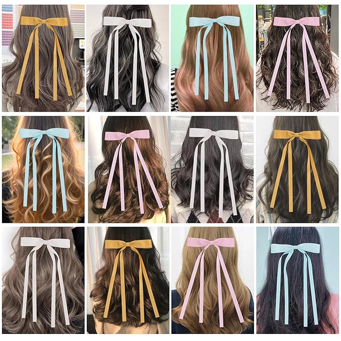 Hair Bows Clips Coquette Ribbon Bowknot with Long Tail Princess Hair Bows French Barrettes Hair Accessories for Women Girls 16PCS (Pink, Yellow, Cream, Aquamarine)