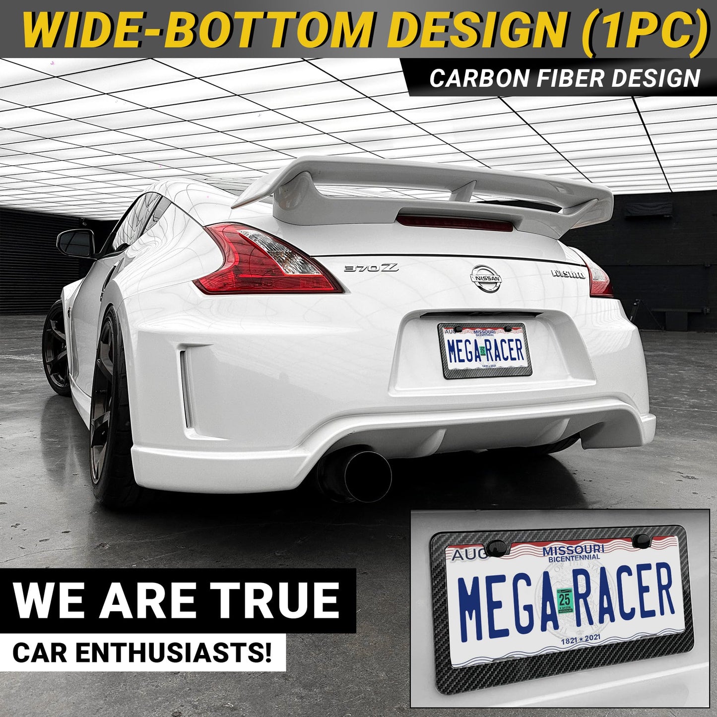 Premium Carbon Fiber Design License Plate Frame – 1 Piece, Rust-Free Stainless Steel, Rattle-Free, Universal with Screw Caps, Slim-Top, Thin Rigid Metal Car Tag Holder, Front Or Rear - Cool for Men