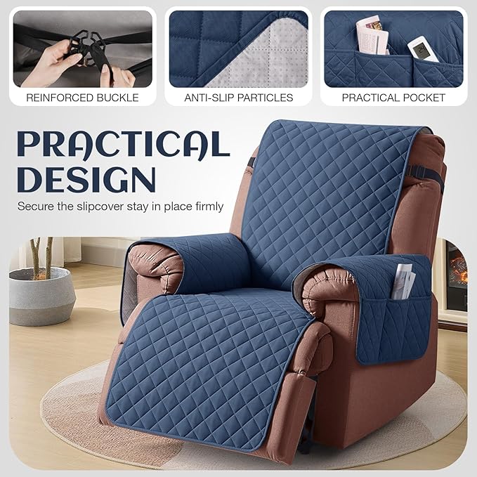 KinCam 100% Waterproof Recliner Chair Cover, Reclining Couch Covers for Pets, Dogs, Recliner Couch Slipcover Furniture Protector with Elastic Straps for Kids(23.6", Blue)