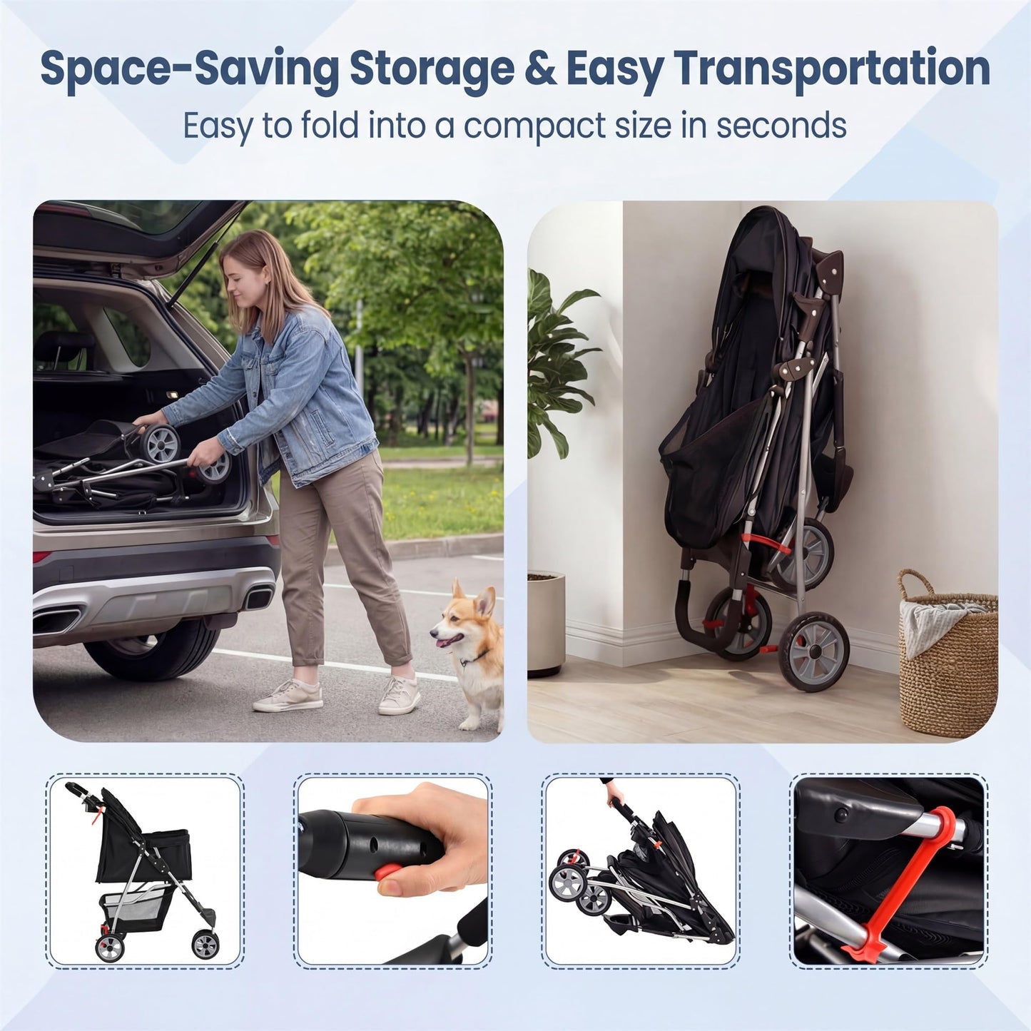 Giantex 3 Wheel Foldable Dog Stroller for Small Dogs Cats, Lightweight Pet Stroller with Lockable Wheels, One-Hand Quick Fold, Mesh Windows, Safety Leash & Storage Basket, Pet Travel Stroller (Black)