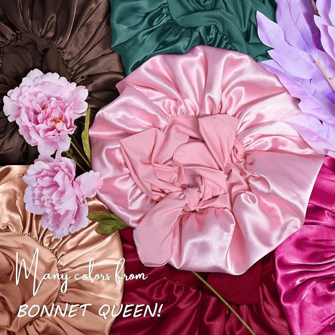 BONNET QUEEN Small Silk Bonnet for Sleeping Women Anti-Frizzy Satin Bonnet Night Sleep Cap Wrap for Curly Hair with Adjustable Tie Band, Double Layer, Black