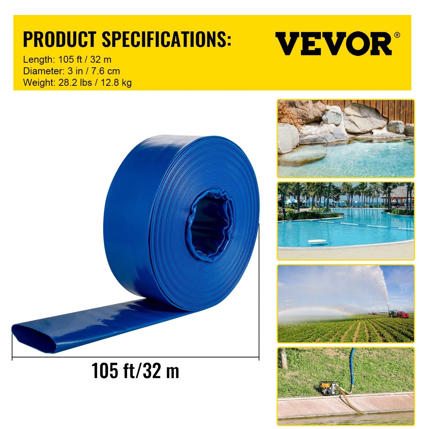 VEVOR Discharge Hose, 3' x 105', PVC Lay Flat Hose, Heavy Duty Backwash Drain Hose with Clamps, Weather-proof & Burst-proof, Ideal for Swimming Pool & Water Transfer, Blue