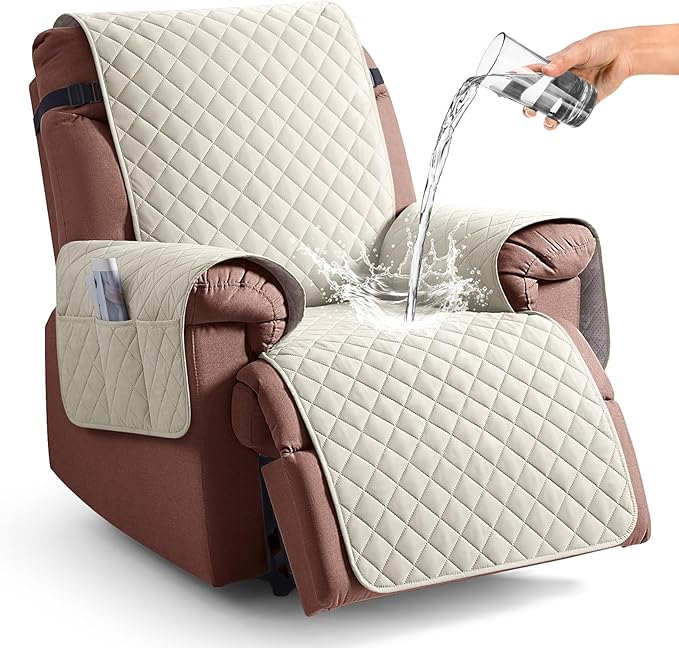 KinCam 100% Waterproof Recliner Chair Cover, Reclining Couch Covers for Pets, Dogs, Recliner Couch Slipcover Furniture Protector with Elastic Straps for Kids(23.6", Ivory)