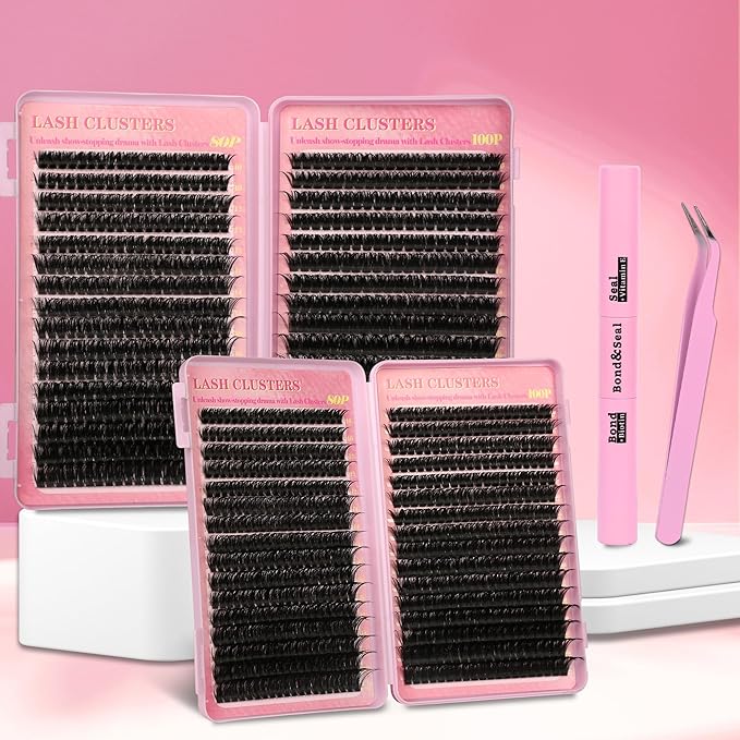 Lash Extension Kit Lash Clusters Kit 640Pcs Volume Eyelash Clusters C Curl Lashes Clusters DIY Cluster Eyelash Extensions With Lash Bond and Seal Lash Tweezers