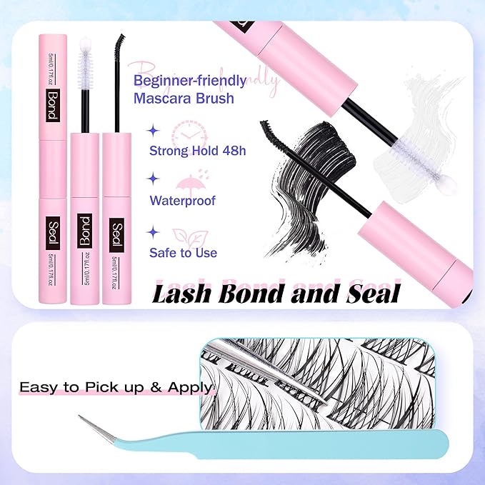 Natural Lash Clusters Kit Wispy Lash Extension Kit Cluster Eyelash Extension C-curly Cluster Lashes Kit DIY Eyelash Extension Kit Natural Eyelash Clusters with Lash Bond and Seal by Newcally